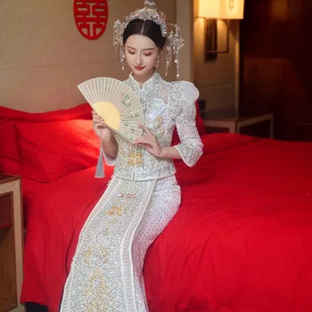 Бели летни дрехи на булката Сватбена тънка стилна сватба облекло рокля за наздравици Женски темперамент Xiuhe облекло за ориенталски костюм