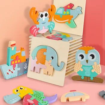 Детски играчки, 3D дървени пъзели, образователни играчки-пъзели за деца, мультяшные пъзели с животни, интелигентни играчки за ранно развитие на децата