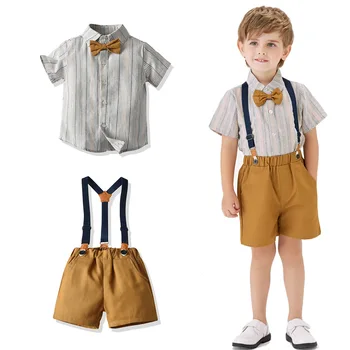 Детски комплекти от 2 теми, комплект памучни ризи с къси ръкави, модни дрехи 2023 година, летен костюм, за бебета, облекло за малки момчета с решетка