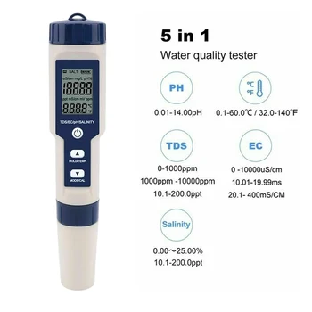 Дигитален тестер вода 5 в 1 дръжка за измерване на PH/TDS/ЕО/солена/температура, водоустойчив многофункционален м, професионален