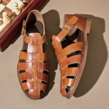 Европейски размери, мъжки летни сандали от ракита кожата, модни вязаная обувки в римски стил в рибарски стил с изрези