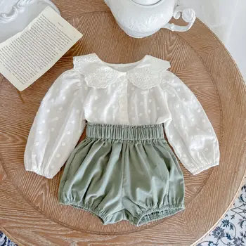 Жакард блузи с дълъг ръкав за малки момичета + шорти-зреещи (седалките на пелени), комплекти, дрехи от 2 теми за деца, 0-36 месеца