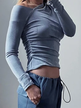 Жена есента съкратен топ с дълъг ръкав 2023, оборудвана, основни многопластови плочи за тренировки, асиметрично деколте, плътно прилепнали тениски
