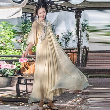 Животът в ляво на жената е по-добра рокля Hanfu с къс ръкав, перлена обтегач в китайски стил, традиционна коприна на полата с принтом журавля във формата на лотос