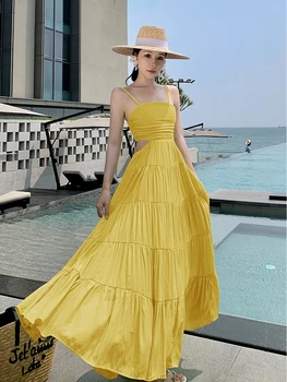 Жълто секси плажна дълга рокля без закопчалка, женски лятото елегантна рокля 2023, новостите на почивка, корейски модни под формата на вечерни рокли за бала