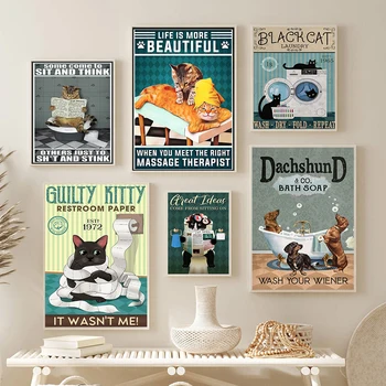 Забавен Гарфийлд Черна котка, Баня тоалетна печатане на животни куче Ретро Абстрактна цитат Платно картина Хол, баня начало декор