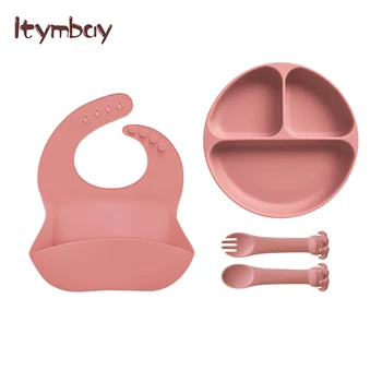 Комплект за хранене на бебето от 4 дисциплини, разделени силиконови вендузи, които не съдържат BPA, престилки, лъжица, вилица, детска посуда, детски прибори