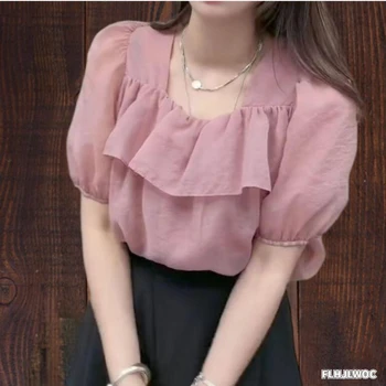 Къса шик блузи, лятна, с пищни ръкави, квадратен силует, розова риза с къдри от дантела, блуза, дамски топ в корейски, японски стил, FLHJLWOC, сладък