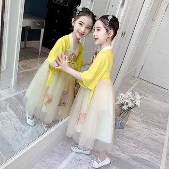 Летни дрехи Hanfu за момичета, детски древна дрехи, традиционен китайски стил, с костюм от епохата на Тан, рокля фея, шифоновая пола за момичета