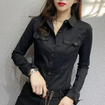 Лятна нова однотонная черна блуза, дамски ежедневни риза с дълъг ръкав, дамски корейски тънки блузи, елегантна блуза