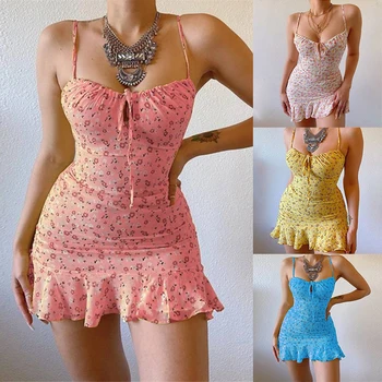 Лятото женствена рокля с цветен модел, къси рокли с бретельками на гърдата, открит модерен нов дамски дрехи с разпокъсани цвете