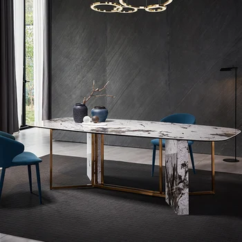 Маса за хранене в скандинавски стил, малък семеен правоъгълна мраморна маса за хранене, модерна проста лека луксозно обзавеждане за трапезария от каменна плоча за дома