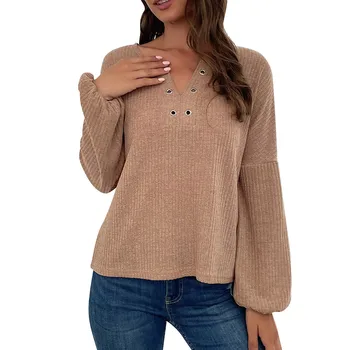 Модерен женски есенно-зимния нов обикновен пуловер райе с дълъг ръкав и V-образно деколте дамски пуловери за работа