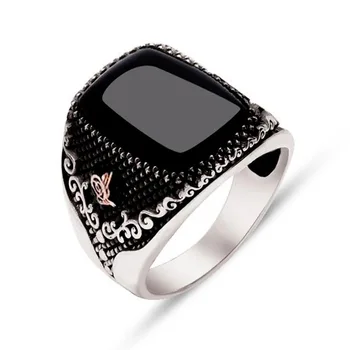 Модни мюсюлмански бижута, реколтата, мъжки пръстен ръчно изработени от турски черен камък оникс пръстен с антична сребърна модел, пънк-пръстени за жени