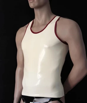 Мъжки бял топ, тънка риза без ръкави от латекс с червена тапицерия, дизайн 100% ръчна изработка