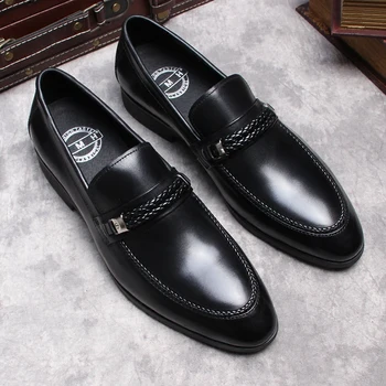 Мъжки лоферы с остър петите, кожени обувки-oxfords от естествена кожа, елегантни, ежедневни модел обувки за сватбени партита, кафяви черни обувки за мъже