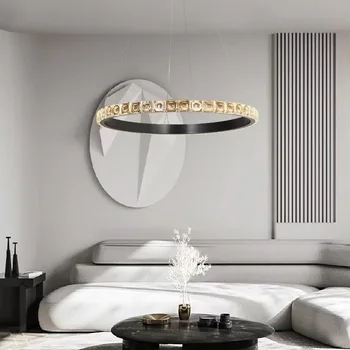 Нов модерен led околовръстен кристална окачен лампа от неръждаема стомана, полилей за всекидневната, тавана лампа за спални
