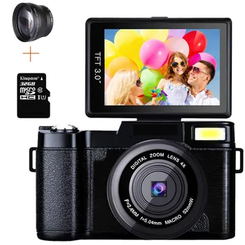 Нова Професионална 24-Мегапикселова Камера с 4-Кратно Увеличение, Завъртане на Екрана Full 1080P, Огледална Камера със защита от разклащане, Снимки с Широк обектив и карта с памет 32 GB