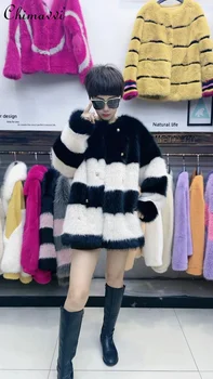 Новост зимата 2023, дамски европейската норковая палто, луксозна кожа интегрирана палто с дълъг ръкав, свободно палто, с кръгло деколте, топли дамски якета