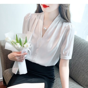 Обикновен дамски блузи с пищни ръкави и V-образно деколте, тънка елегантна лятна дамска блуза, модни и ежедневни градинска облекло