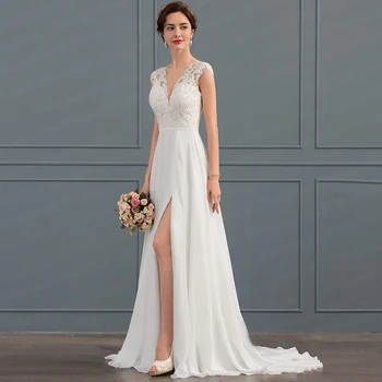 Плажна шифоновое сватбена рокля трапецовидна форма със странична цепка, с влак, с къс ръкав, бельо сватбена рокля за булката 2023 г., V-образно деколте, с рокля без гръб