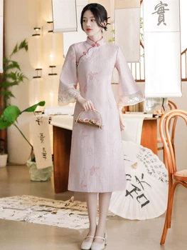 Промяна Чонсам, пролет и есен, нов китайски стил, обличам Young Audrey със средни ръкави, халат Рокли Elbise, халат Chinoise