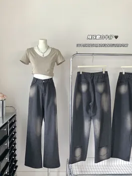 Реколта Широки Дънки За Жени, Сексуална Улични Основни Корейски Модни Дънкови Панталони с ципове, Дамски Панталони
