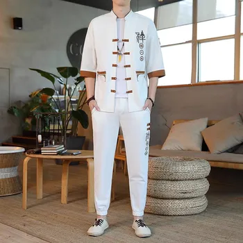 Синицизм, мъжки комплекти с бродерия, ориенталски костюм в стил древна ретро Hanfu Tang, дрехи Дзен, върхове с принтом, сака, ризи, панталони