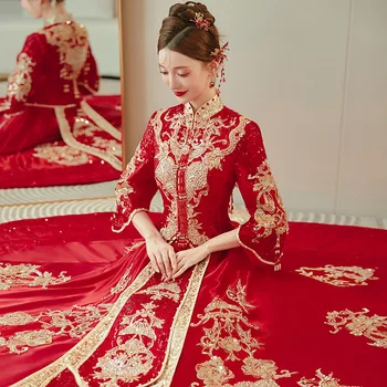 Ханьфу Булката Древен Китайски Стил Пайети Във Четката Сватбена Рокля, Костюм Източен Тост Облекло Vestido