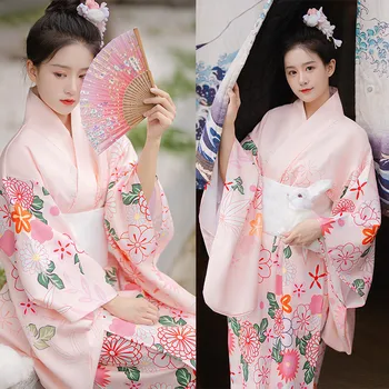 Японското женски традиционната рокля, кимона Кавайной розова сакуры, с костюм на гейша за cosplay, облекла за танцови представления и фотосесии
